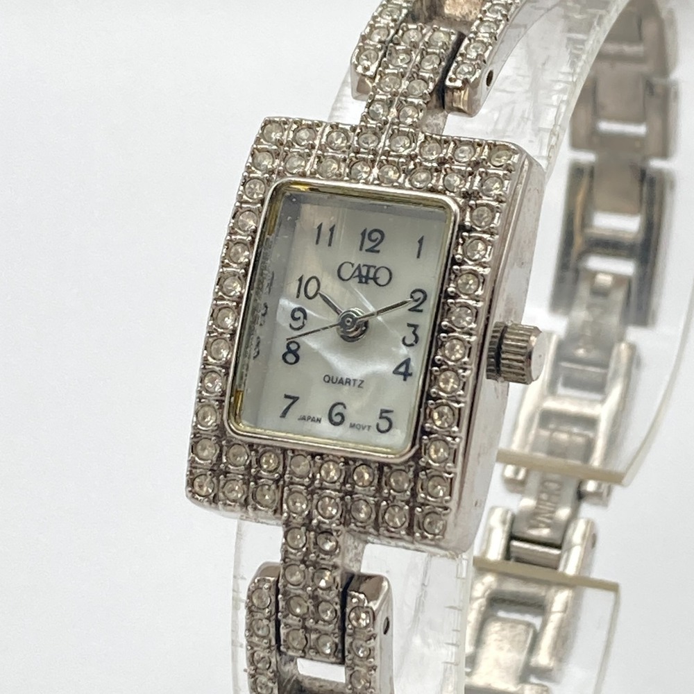 Cato Women's Tank Watch Silver Tone Crystals Bling MOP Dial New Battery 7.25"